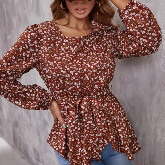 Boho Floral Print Peplum Ruffle Blouse - Picture 2 of 5